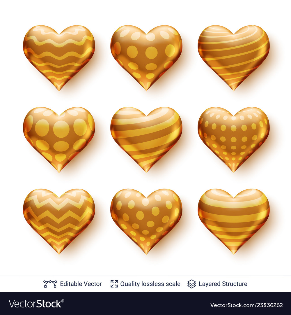 Set of 3d hearts with golden patterns