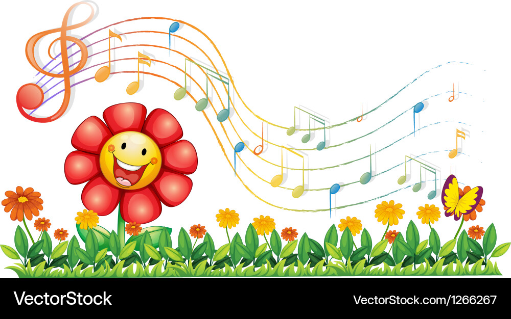 A red flower in garden with musical notes Vector Image