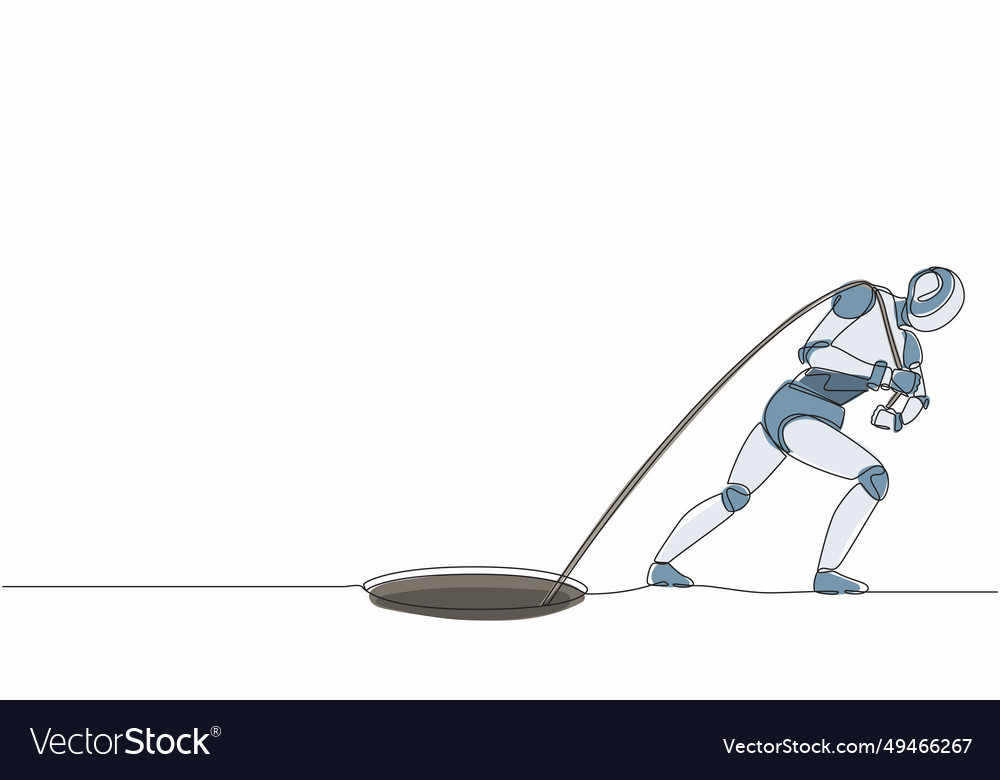 Single one line drawing robot trying hard pulling vector image Single one line drawing robot trying hard pulling