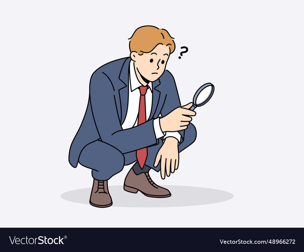 Business man with magnifying glass squats doing Vector Image