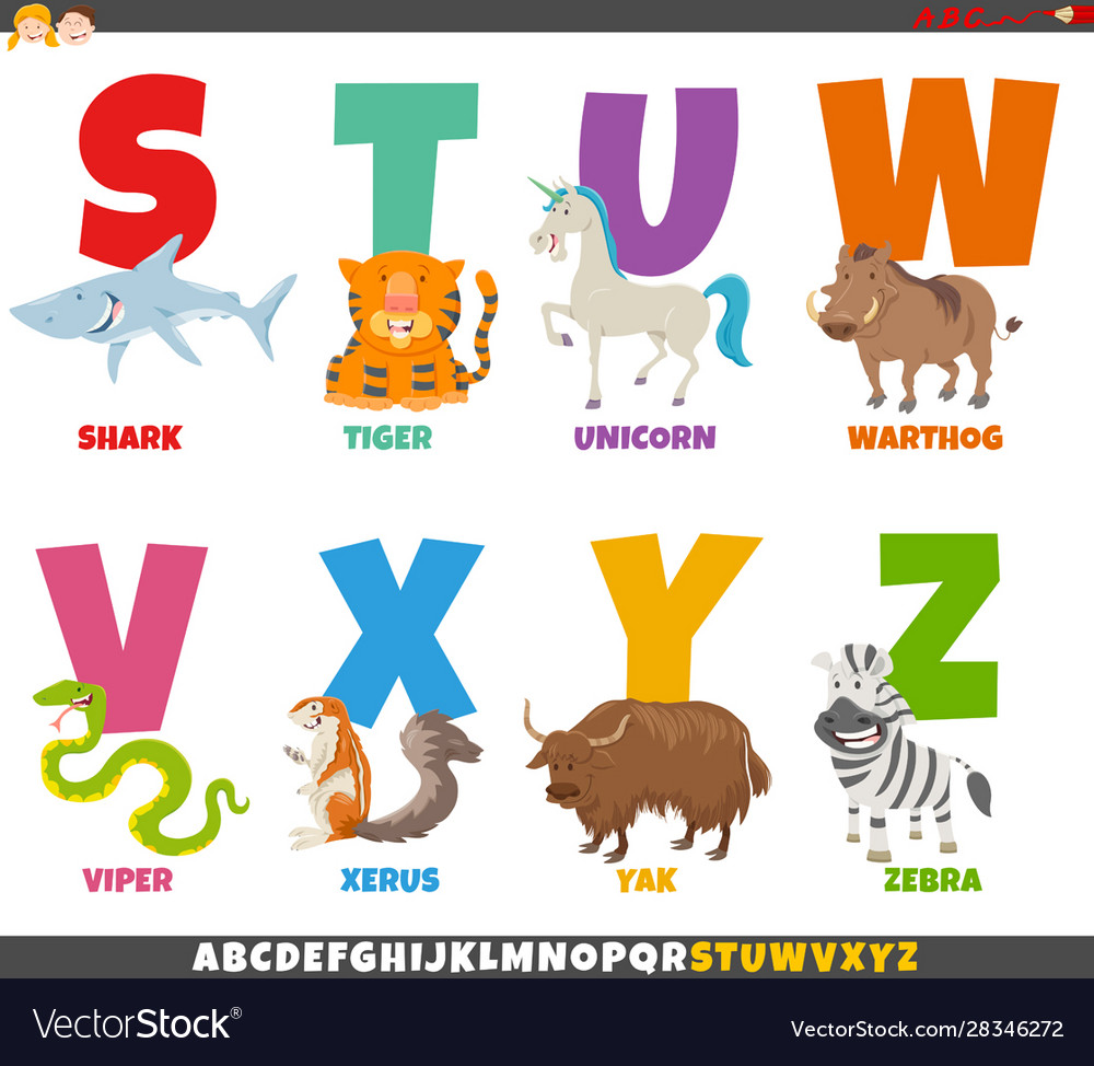 Cartoon alphabet set with animal characters Vector Image