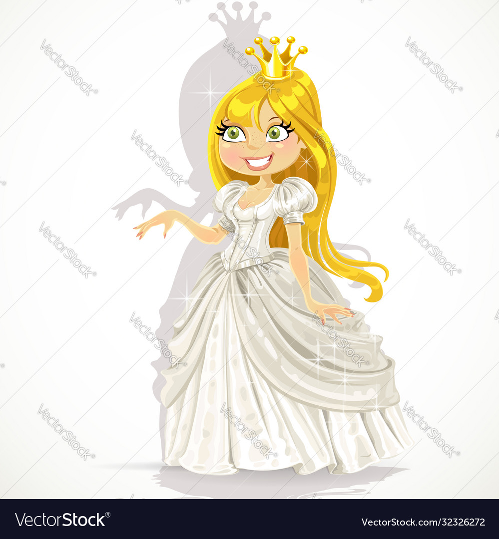 Cute princess in a white dress gives hand