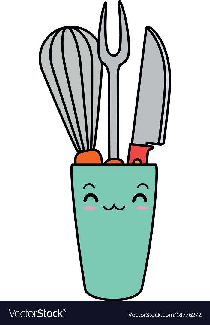 Mixer and cutlery in pot kawaii character Vector Image