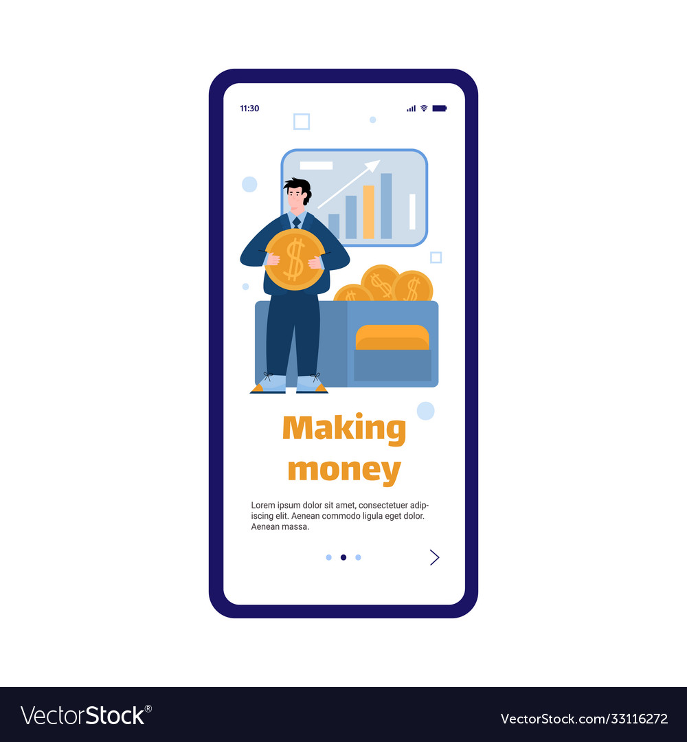 Onboarding screen with businessman holding money