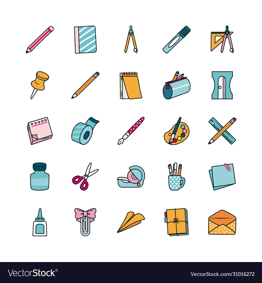 Scissors and stationary icon set line fill