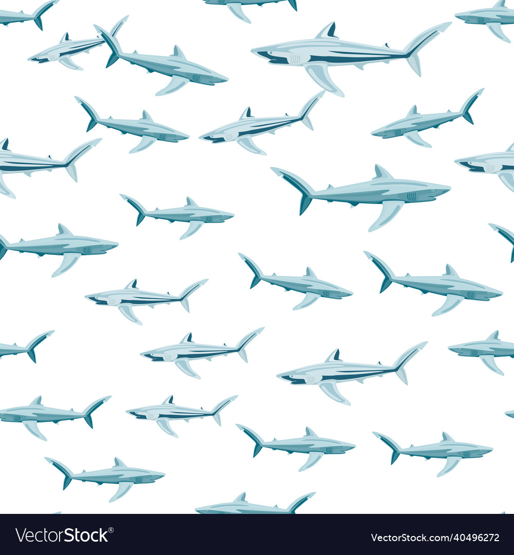 Seamless pattern blue shark isolated on white