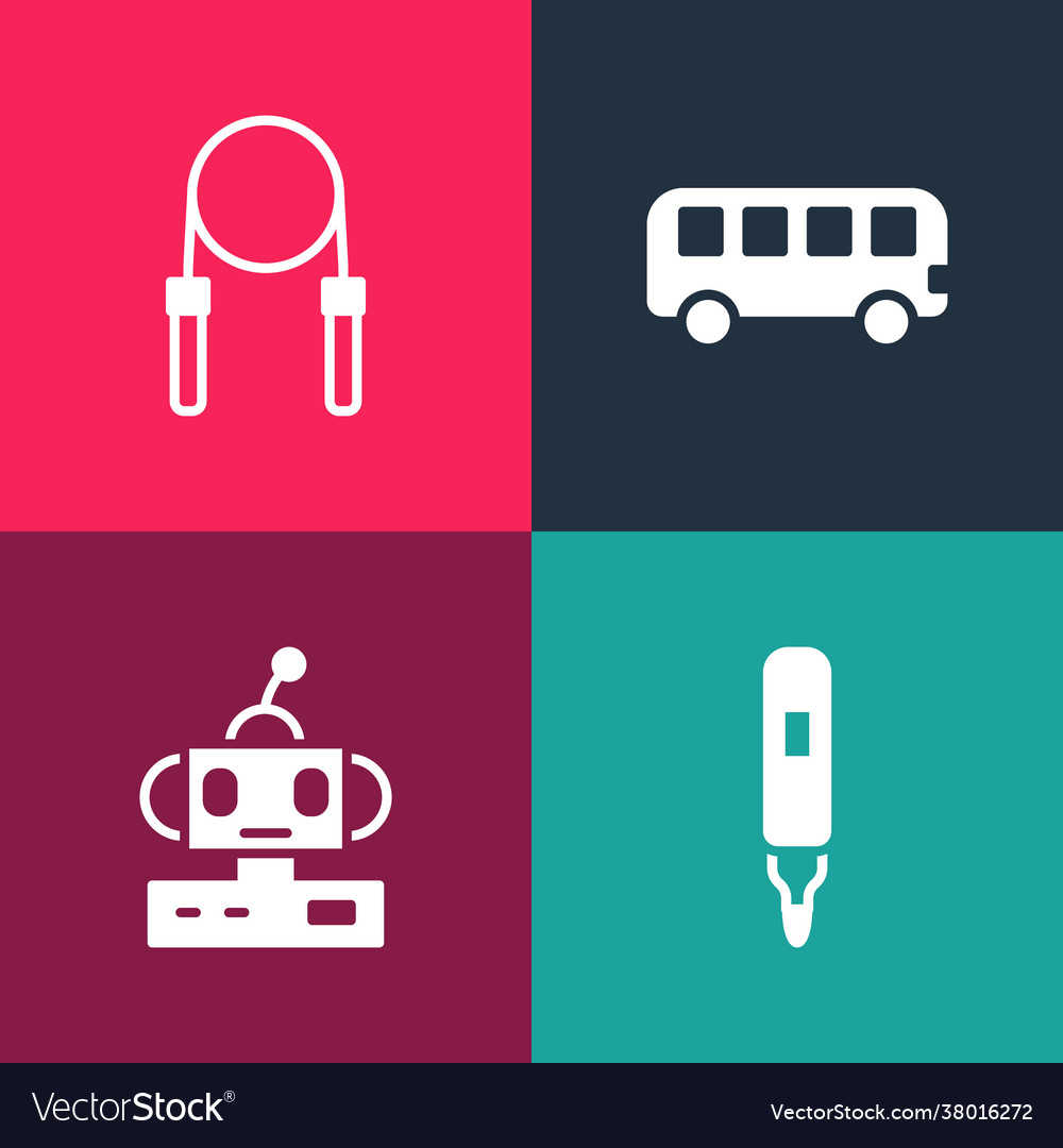 Set pop art marker pen robot toy bus and jump vector image Set pop art marker pen robot toy bus and jump