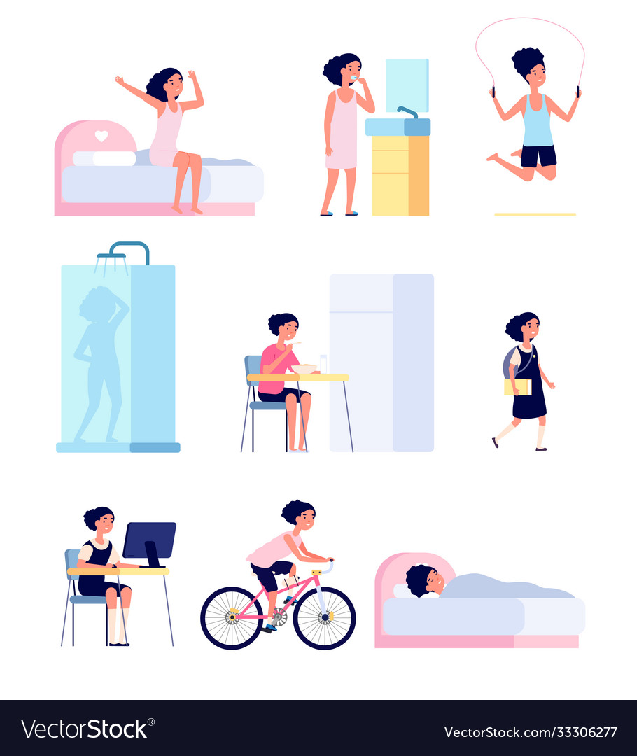 Girl daily routine cute child morning isolated Vector Image