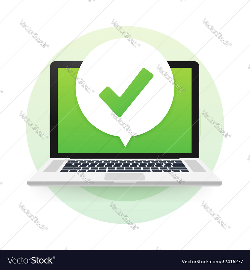 Laptop with checkmark or tick notification vector image Laptop with checkmark or tick notification
