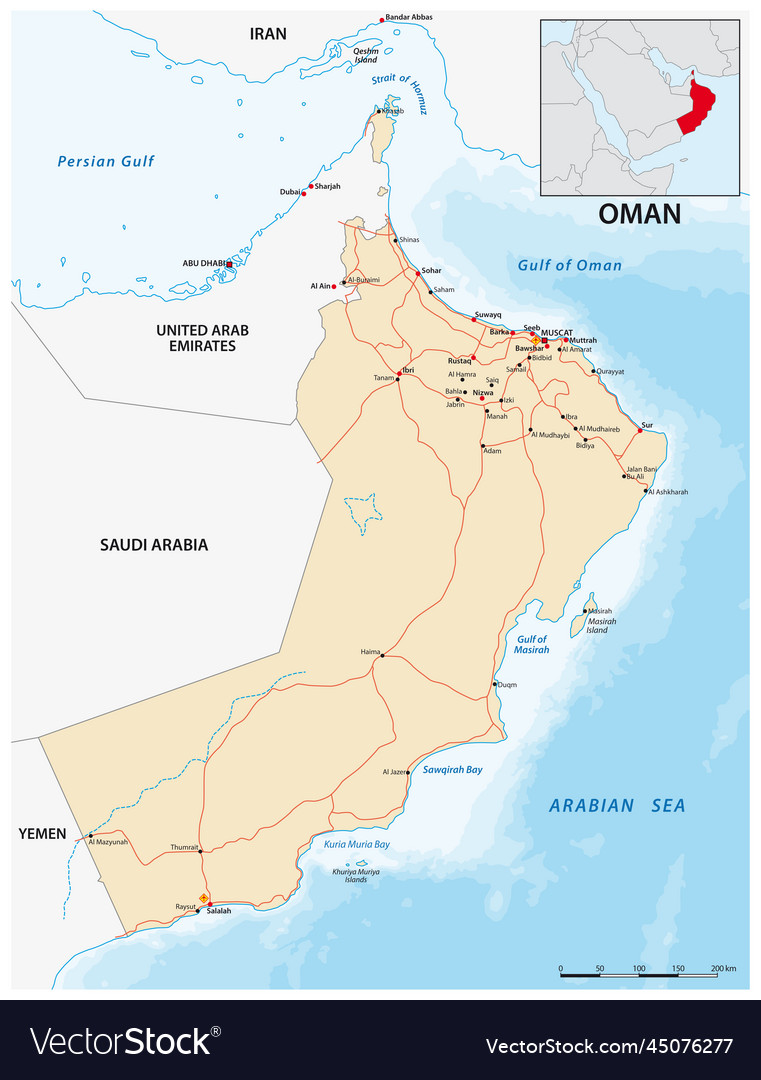 Road map of the sultanate of oman Royalty Free Vector Image