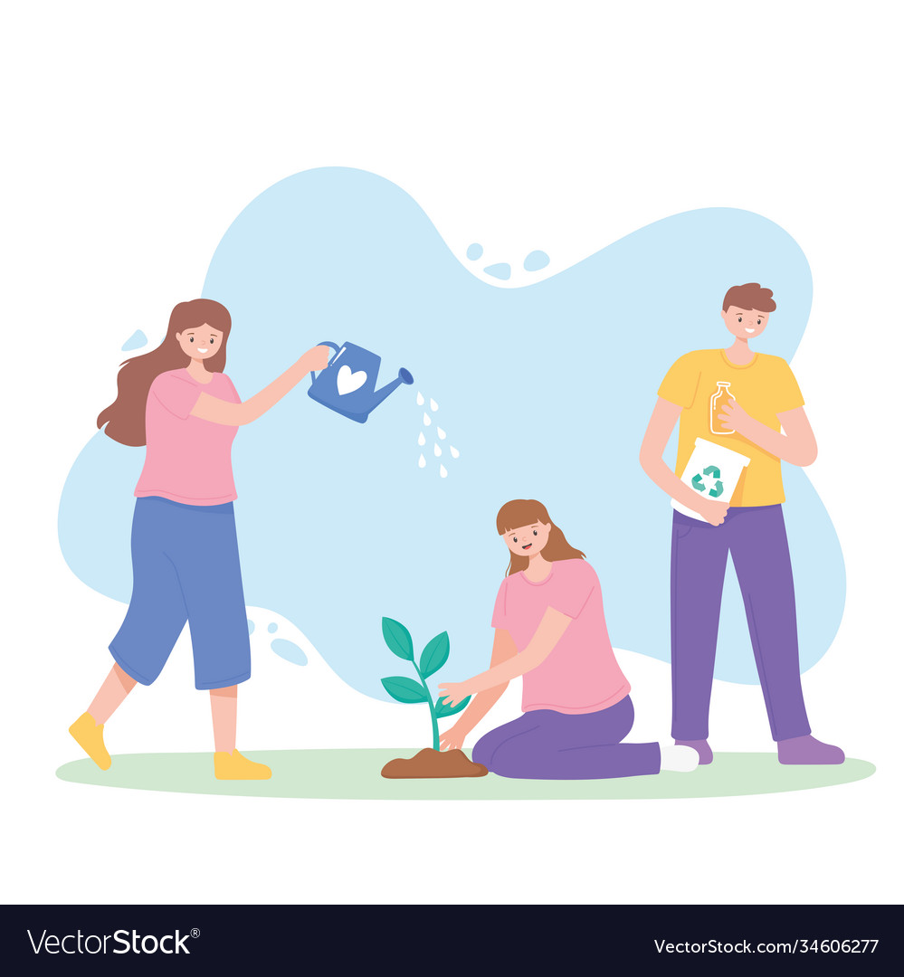 Save planet people with watering can Royalty Free Vector