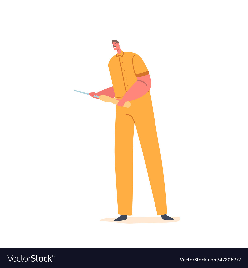 Skilled carpenter character using a chisel tool