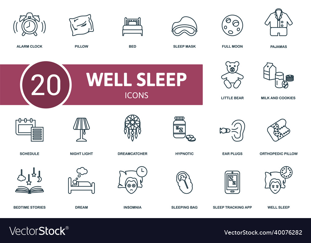 Well sleep icon set collection of simple elements vector image Well sleep icon set collection of simple elements