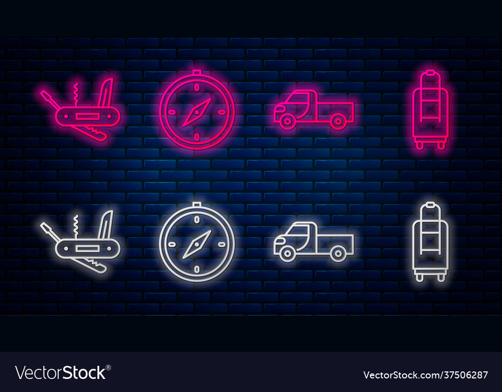 Set line compass pickup truck swiss army knife Vector Image