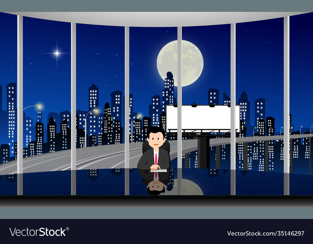 Glass Table In News Studio With City Background Vector Image