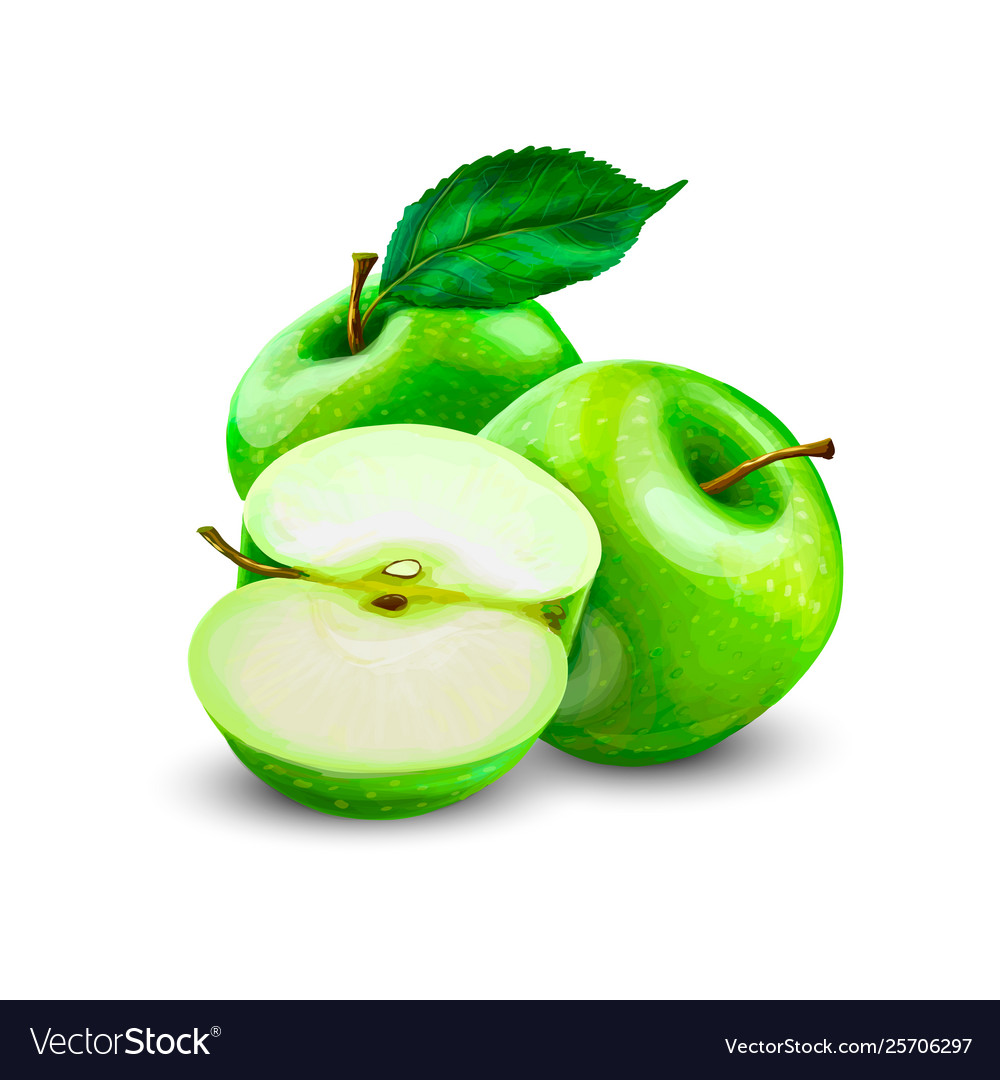 Green apples with green leaves and apple slice Vector Image
