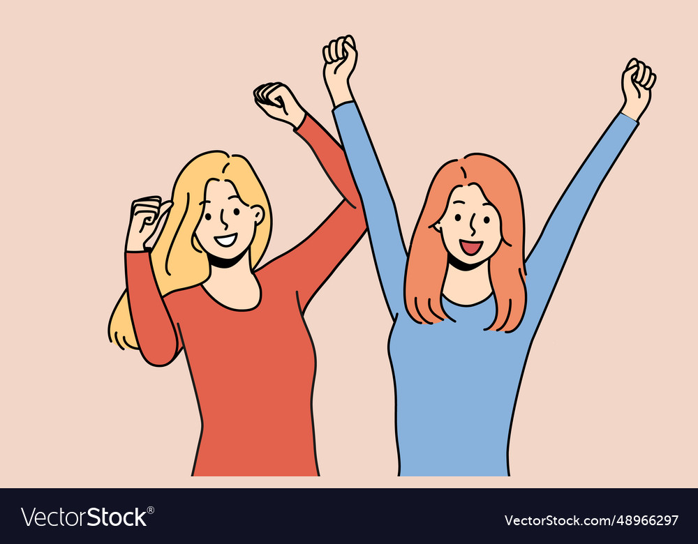 Two women triumphantly raise hands up celebrating Vector Image