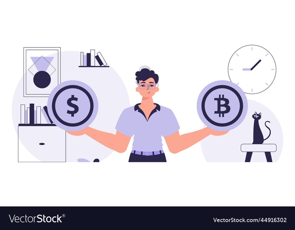 Concept of mining and extraction bitcoin a man vector image Concept of mining and extraction bitcoin a man