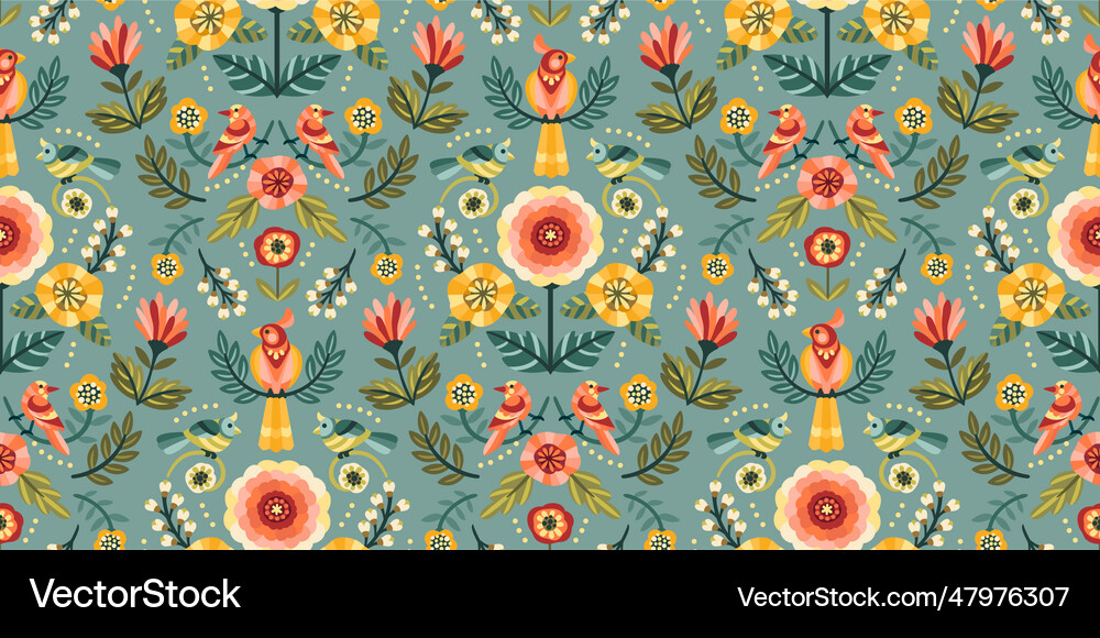 Folk floral seamless pattern with birds modern Vector Image