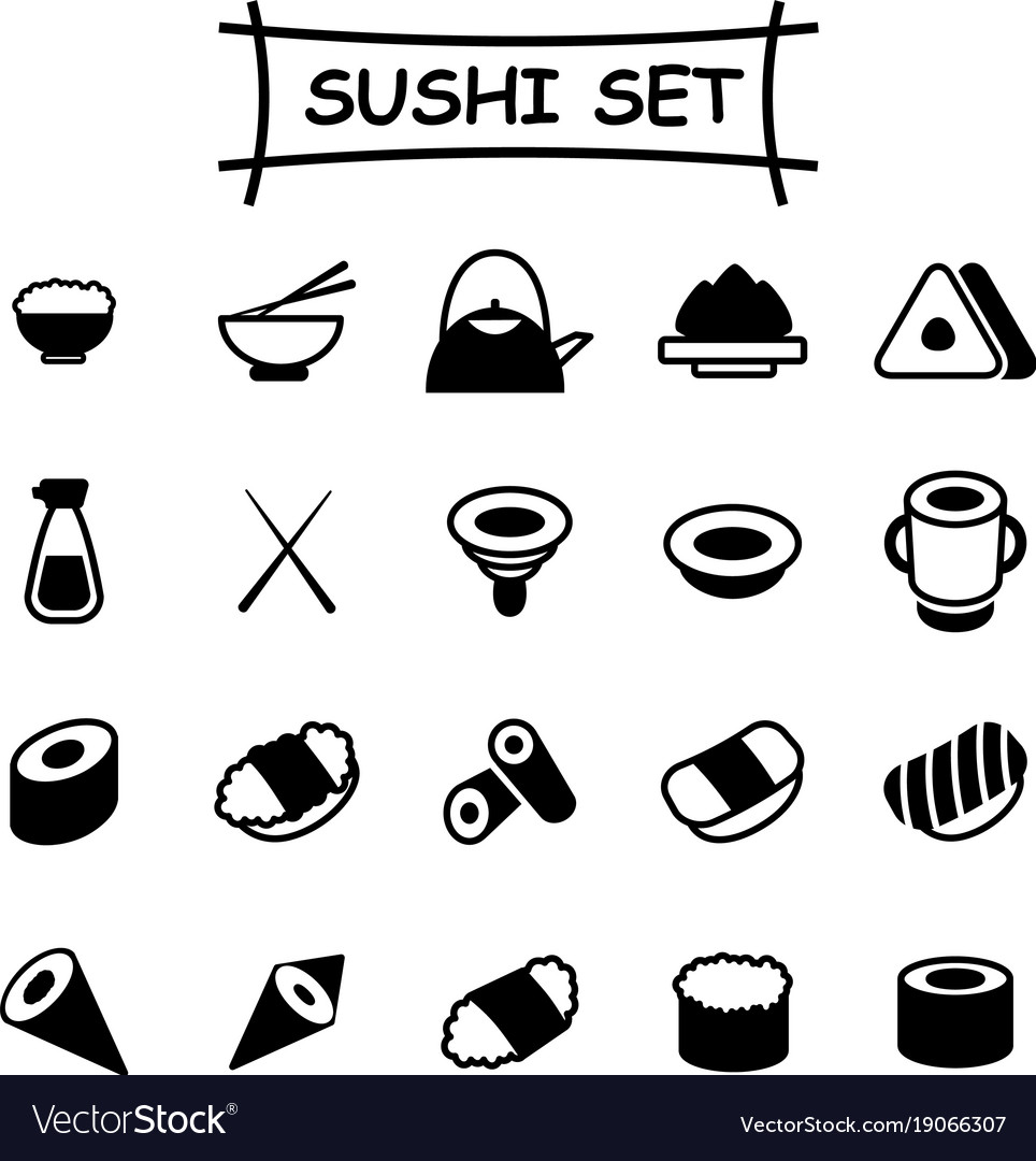 Set Monochrome Japanese Food And Sushi Icons Vector Image