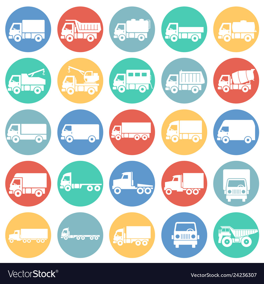 Truck icons set on color circles white background