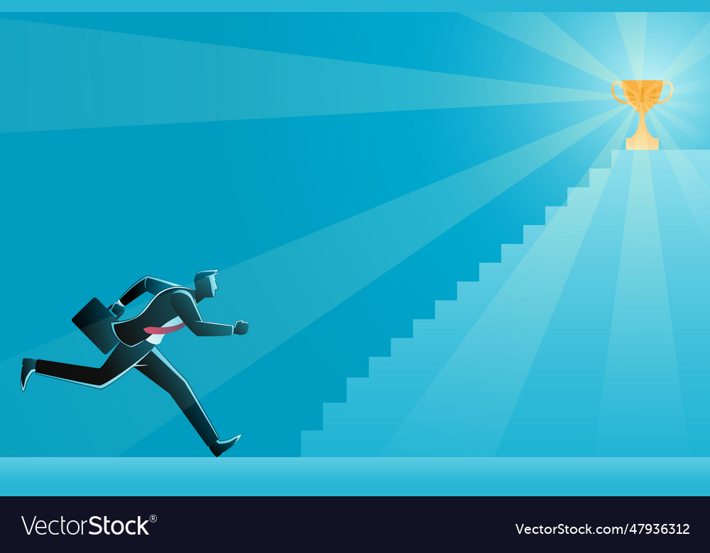 Businessman running up stairs to success try