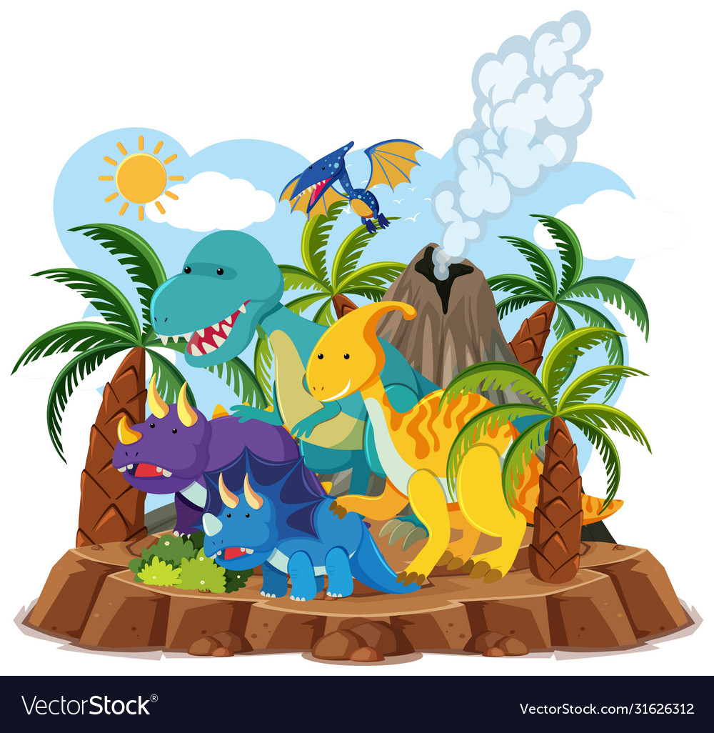 Cute dinosaurs with volcano eruption isolated