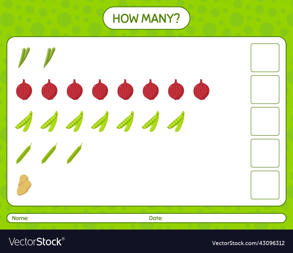 How many counting game with vegetables worksheet vector image How many counting game with vegetables worksheet