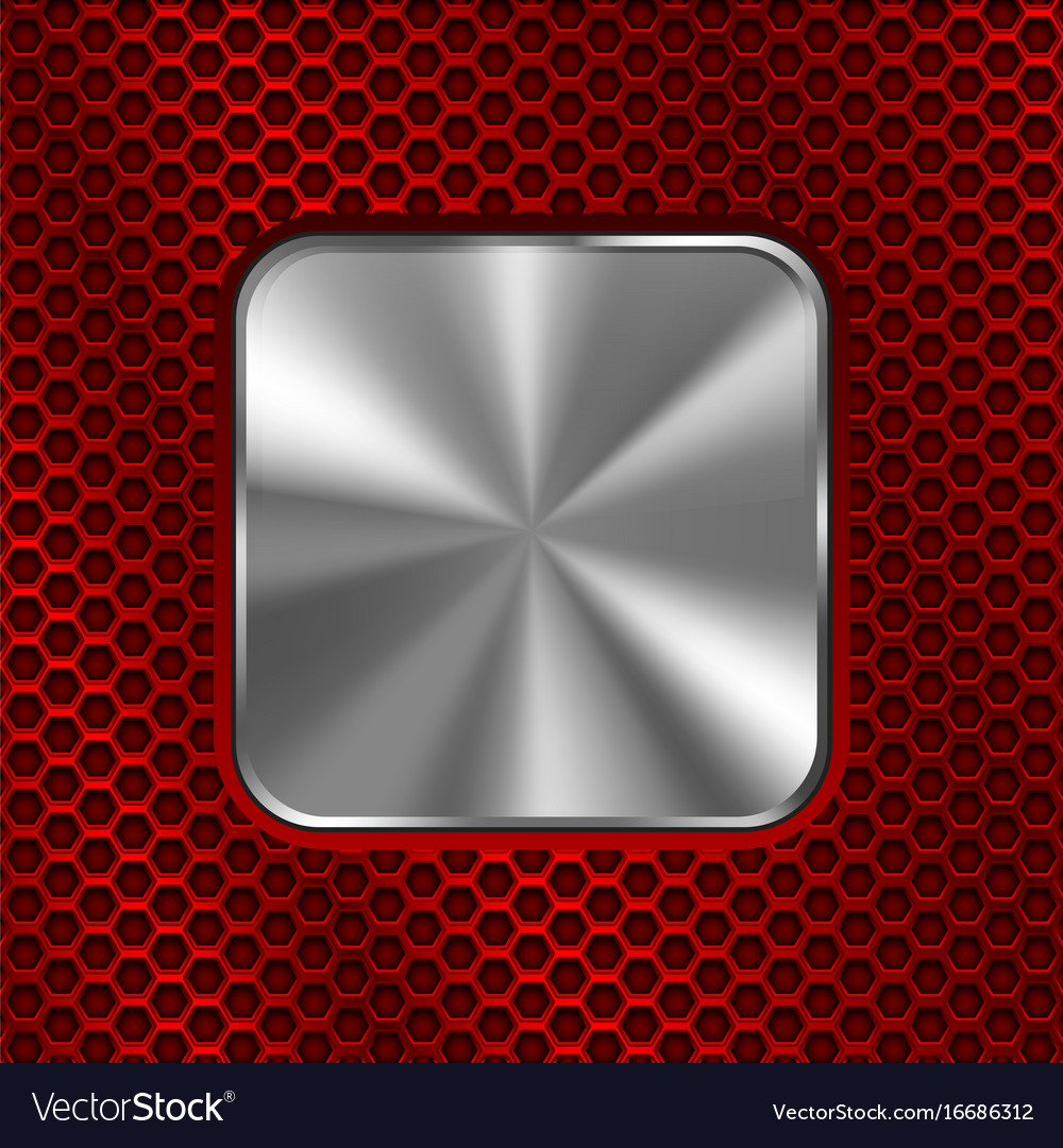 Metal square button on red perforated background