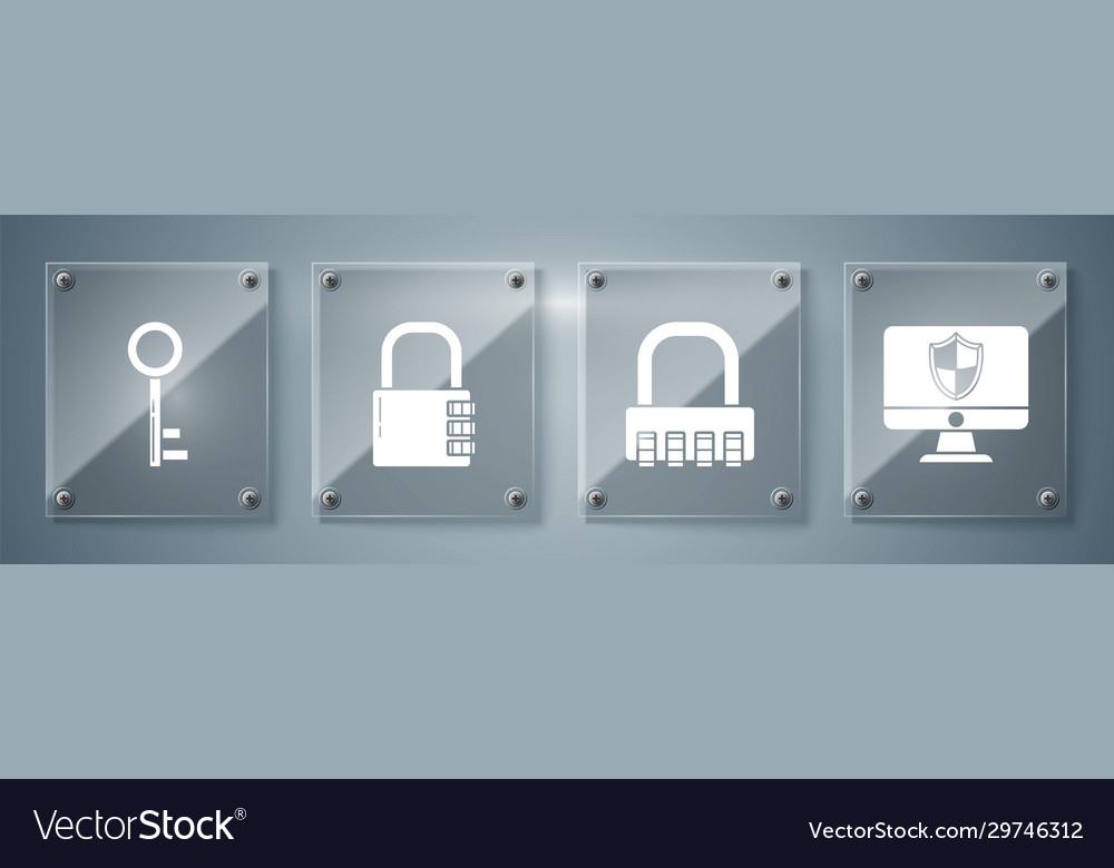 Set computer monitor and shield safe combination vector image Set computer monitor and shield safe combination