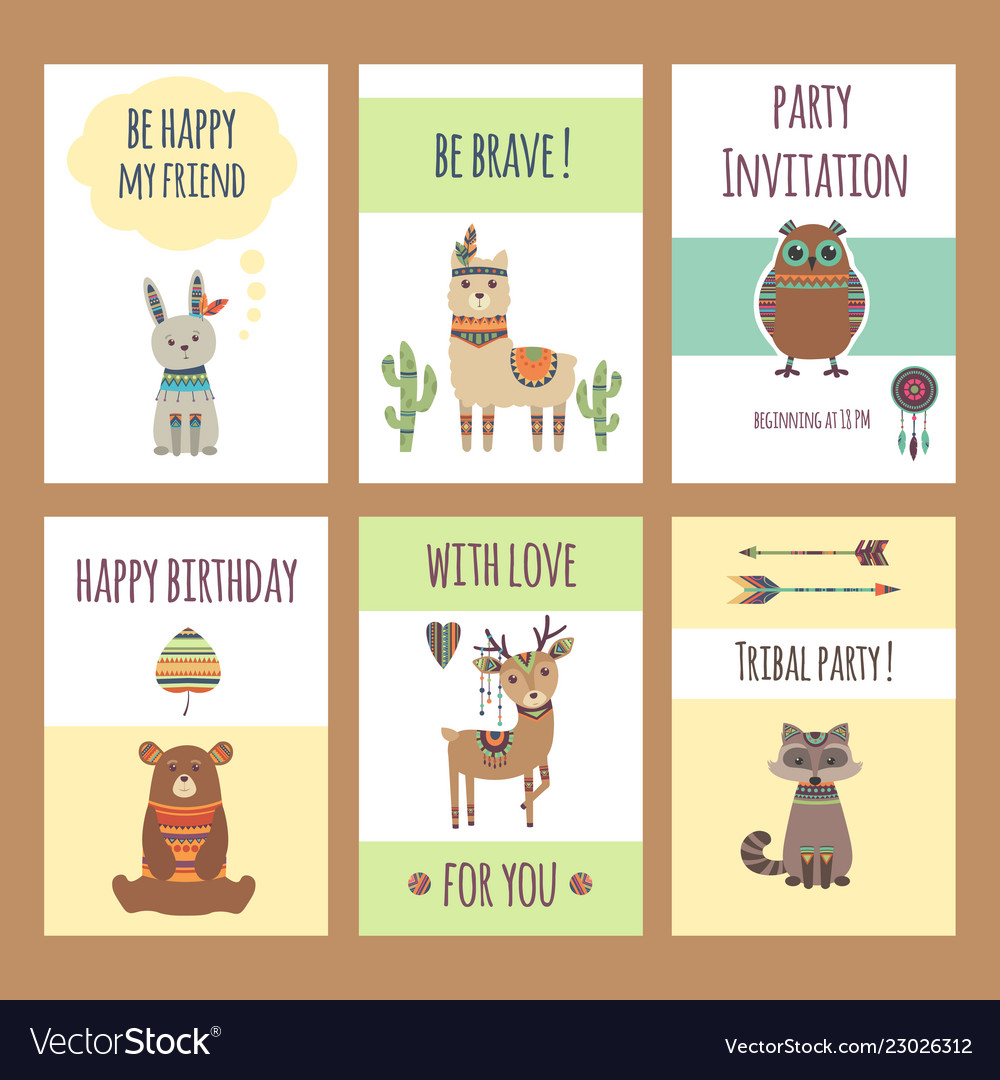 Tribal animals cards cute zoo characters squirrel