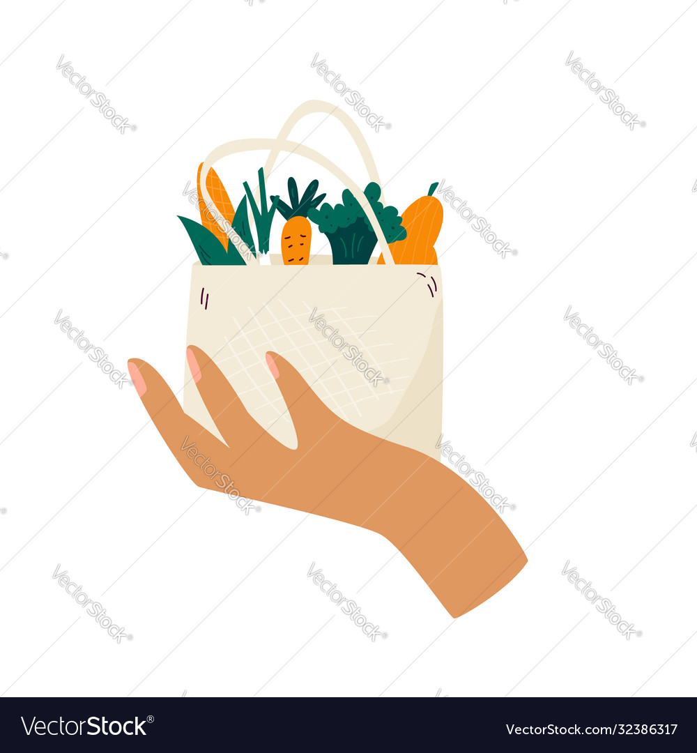 Female hand holding reusable eco bag with organic