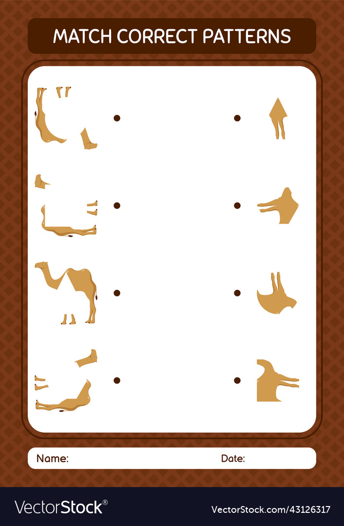 Match pattern game with camel worksheet vector image Match pattern game with camel worksheet