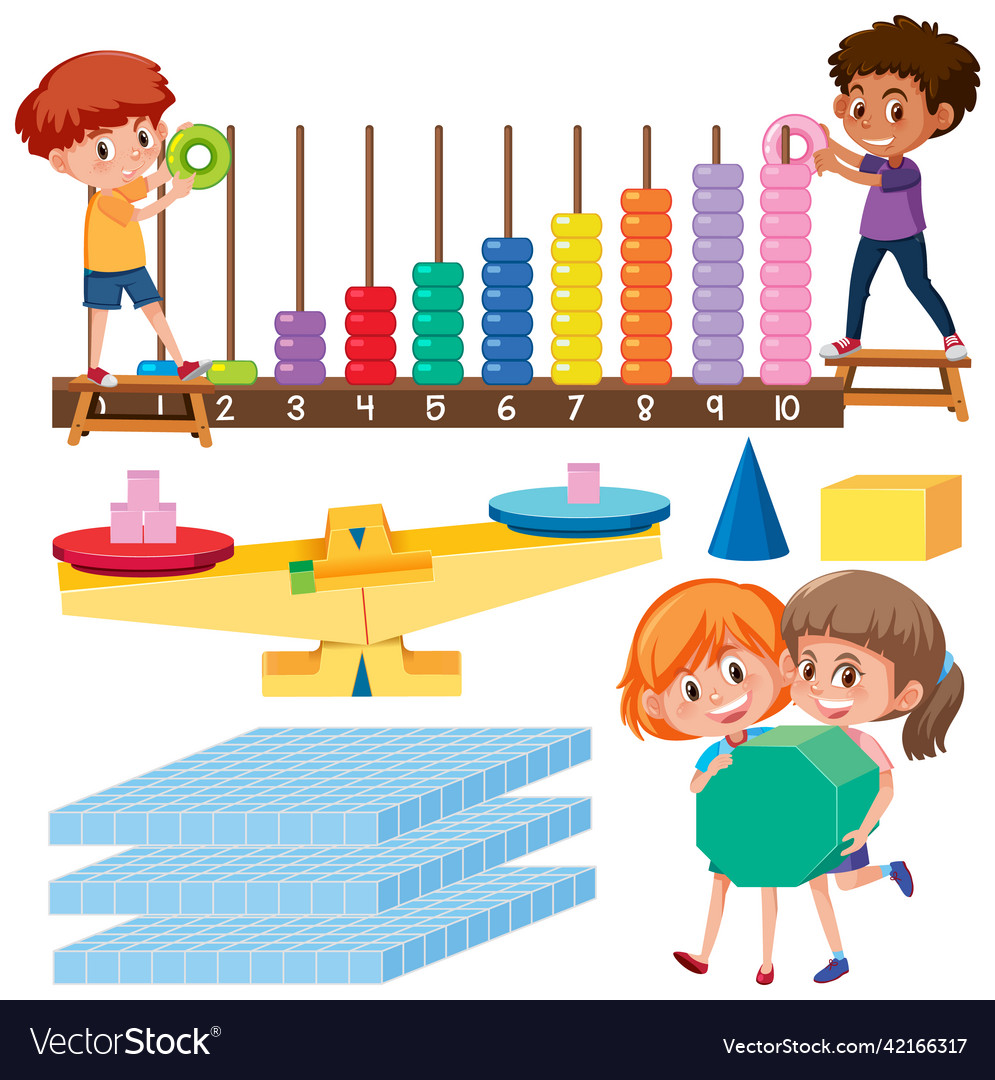 Math classroom objects with supplies and students vector image Math classroom objects with supplies and students