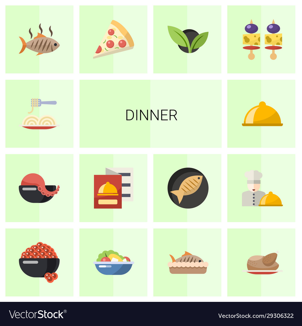 14 dinner flat icons set isolated on white Vector Image