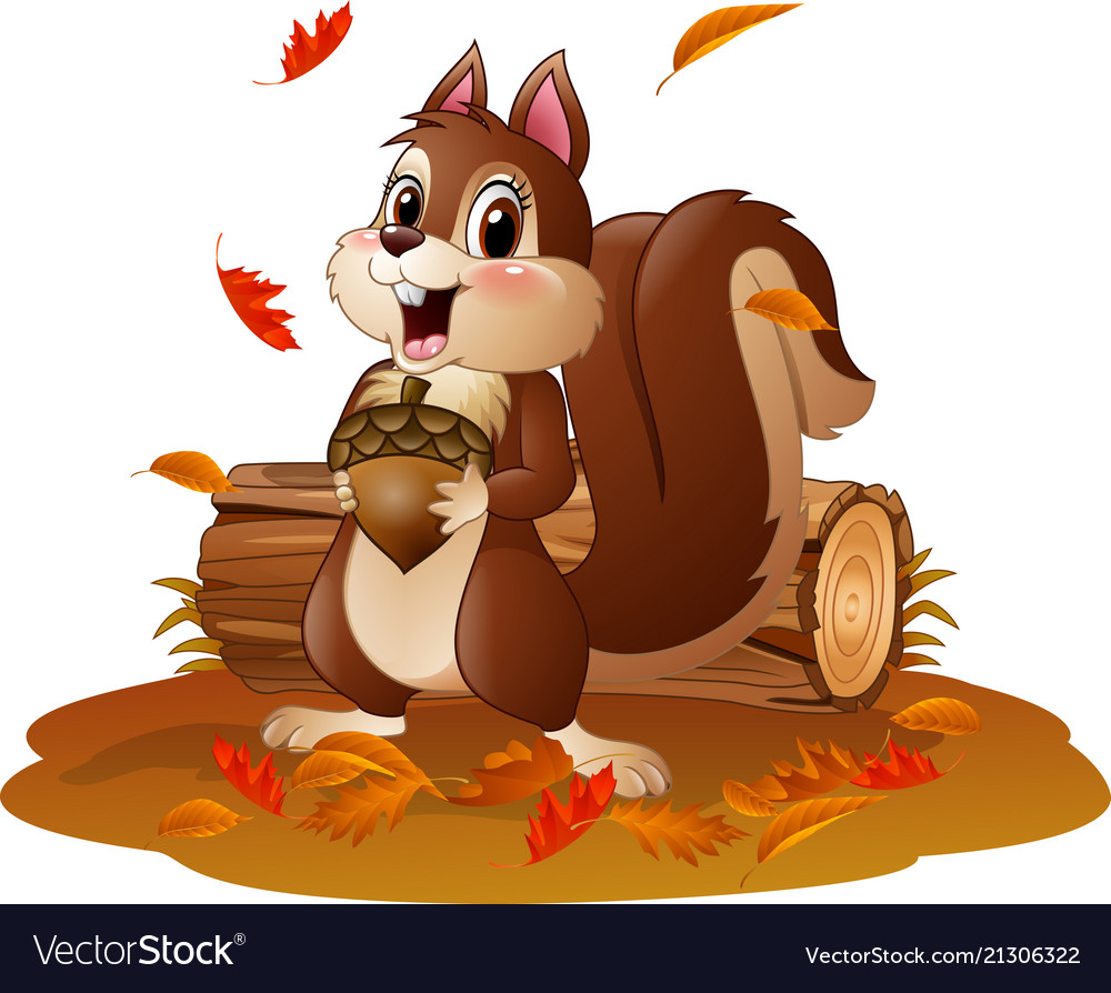 Cartoon funny squirrel holding pine cone in the au