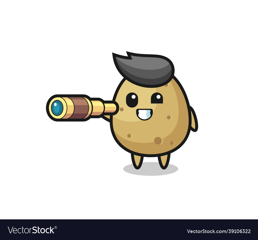 Cute potato character is holding an old telescope