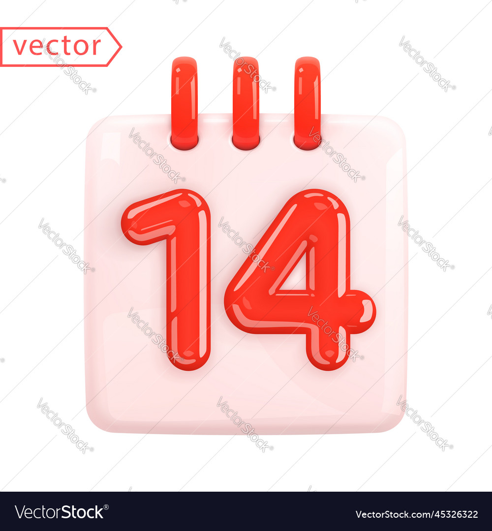 Daily calendar with date 14 number in red vector image Daily calendar with date 14 number in red