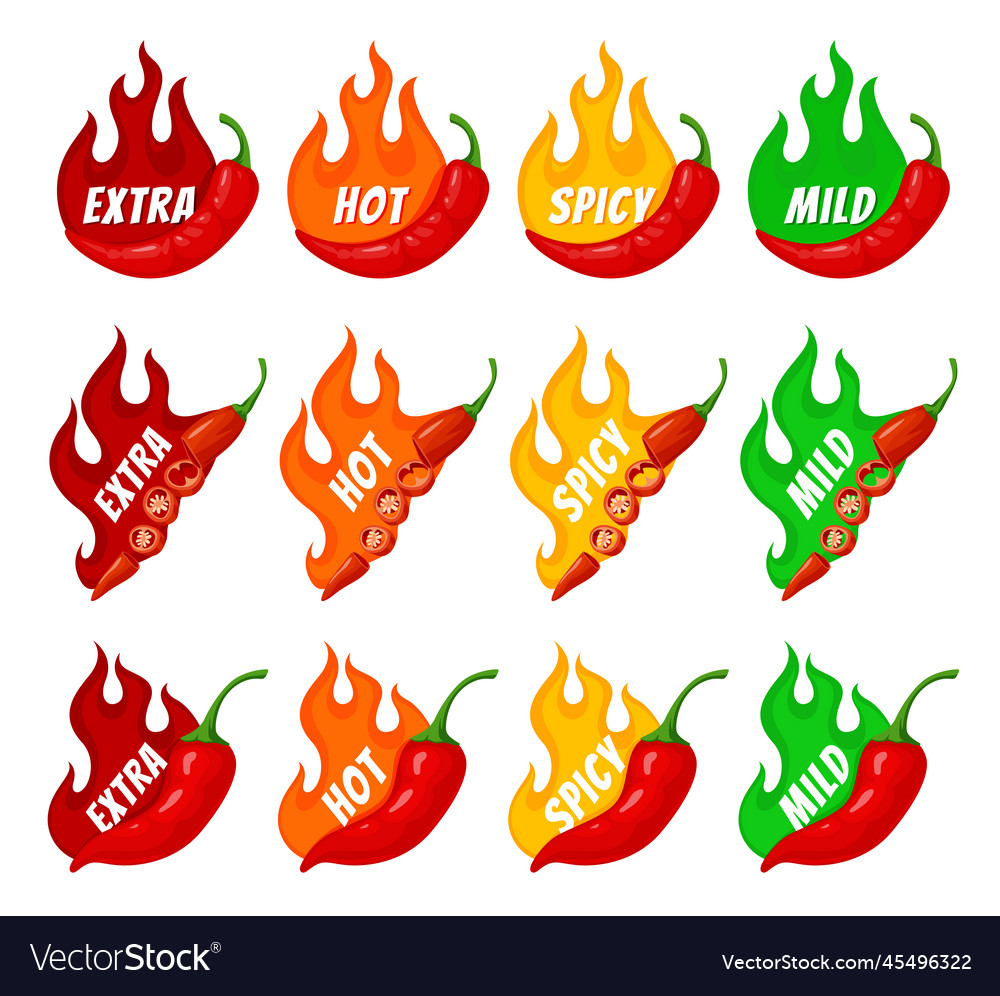 Food spiciness measurement icons set chili pepper Vector Image Food spiciness measurement icons set chili pepper