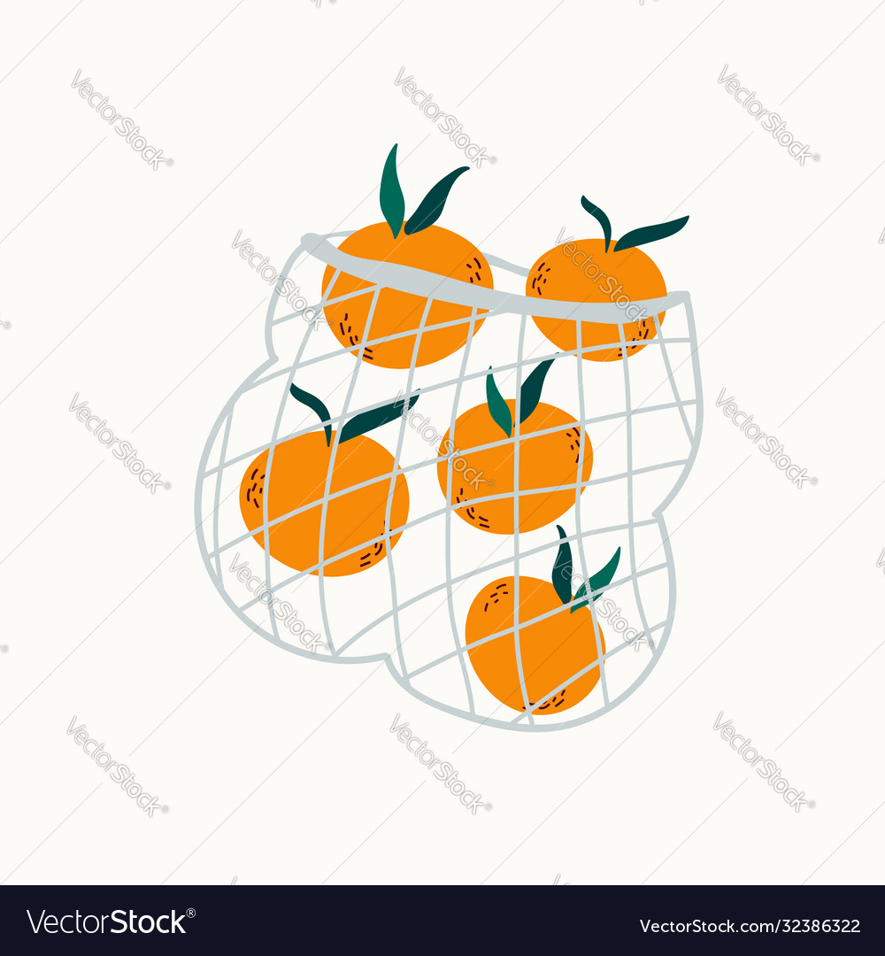 Juicy mandarins in reusable mesh shopping bag