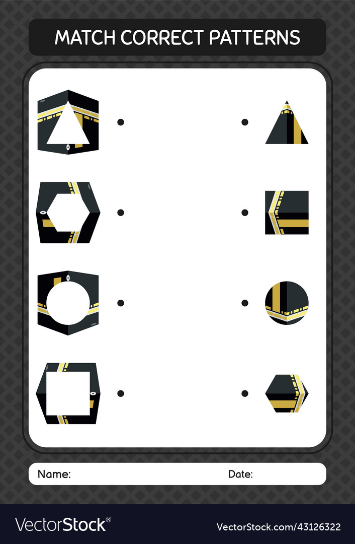 Match pattern game with kaaba worksheet vector image Match pattern game with kaaba worksheet