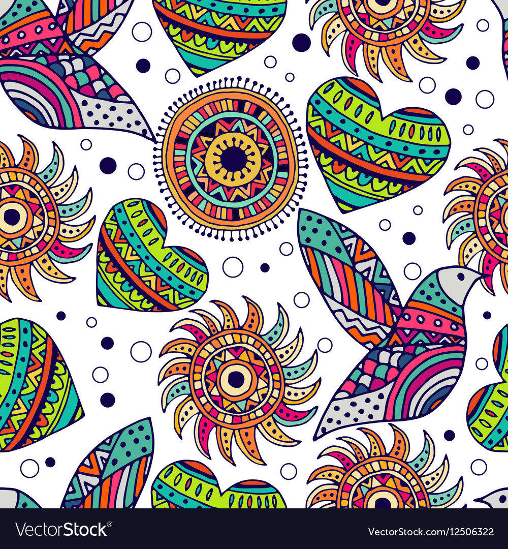 Seamless pattern with bird and heart in the style