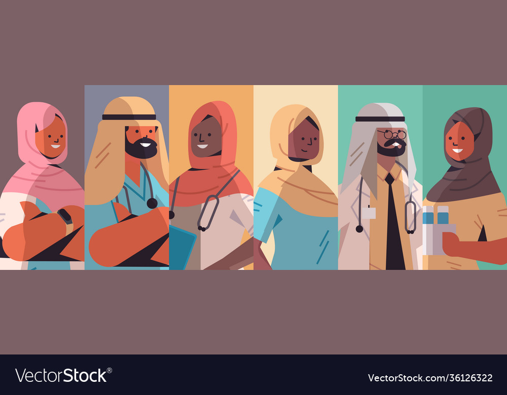 Set arabic doctors avatars arab men women wearing