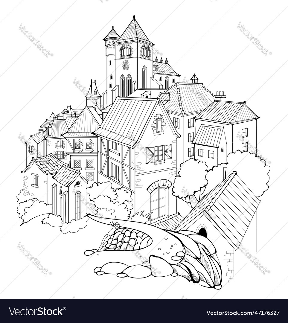 Ancient medieval village fairyland kingdom black vector image Ancient medieval village fairyland kingdom black