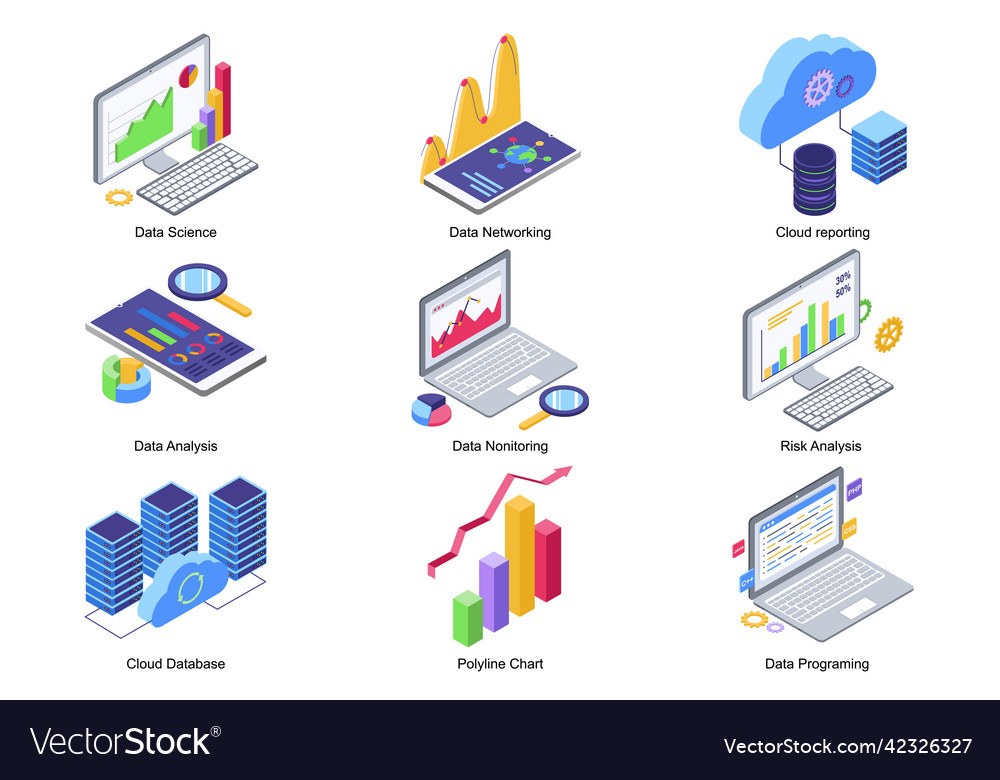 Data science concept 3d isometric icons set vector image Data science concept 3d isometric icons set