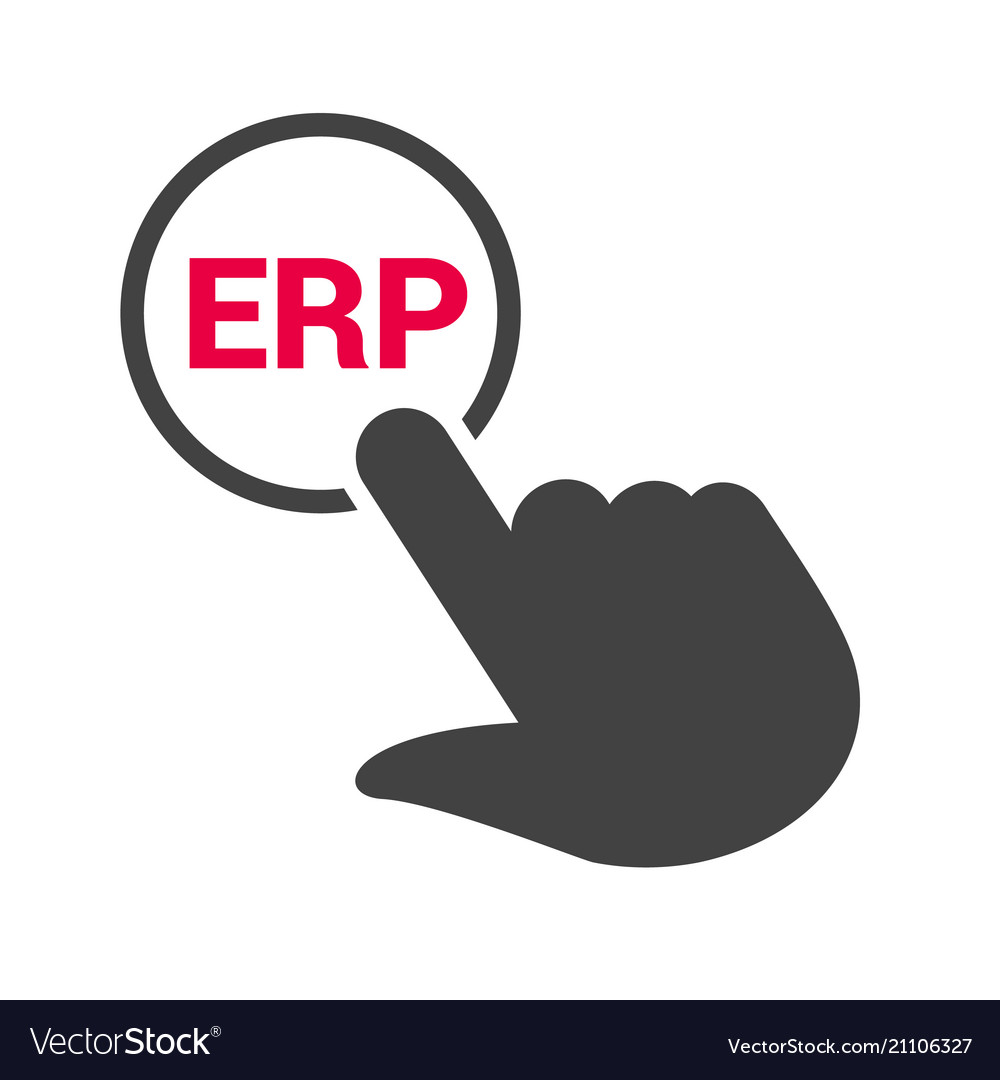 Hand presses the button with text erp