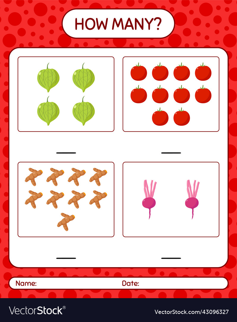 How many counting game with vegetables worksheet vector image How many counting game with vegetables worksheet