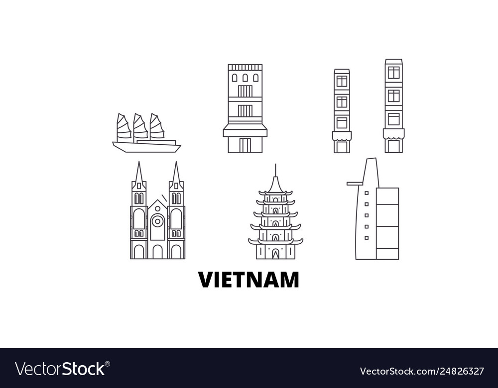 Vietnam line travel skyline set outline