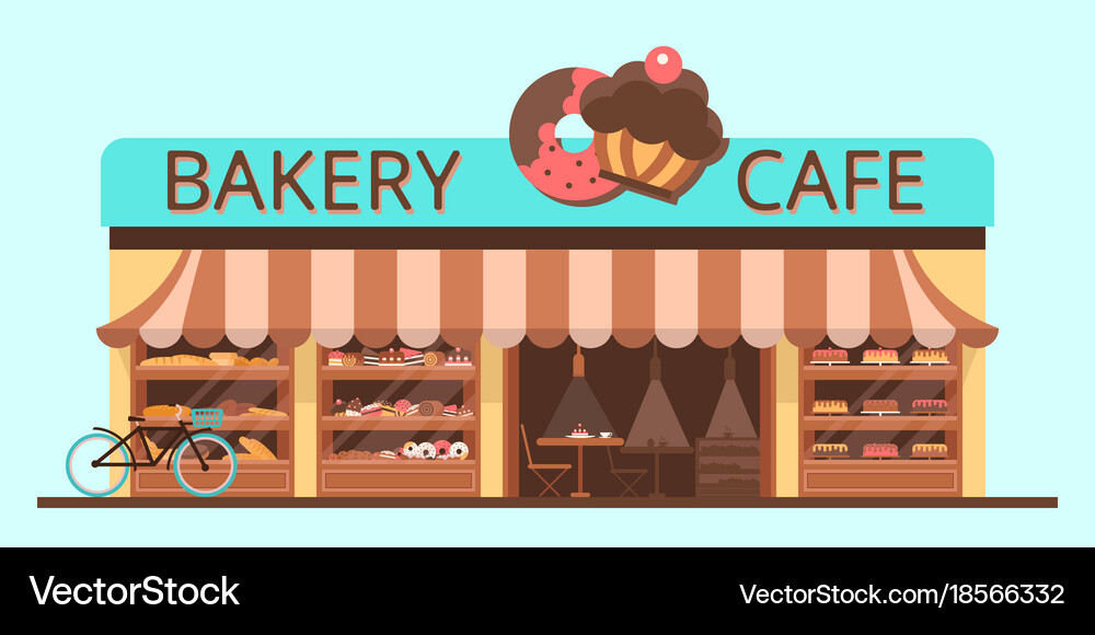 Bakery facade showcase with sweets Royalty Free Vector Image