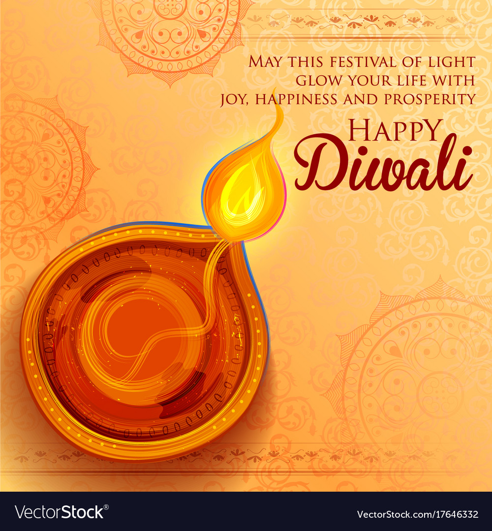 Burning diya on happy diwali holiday background